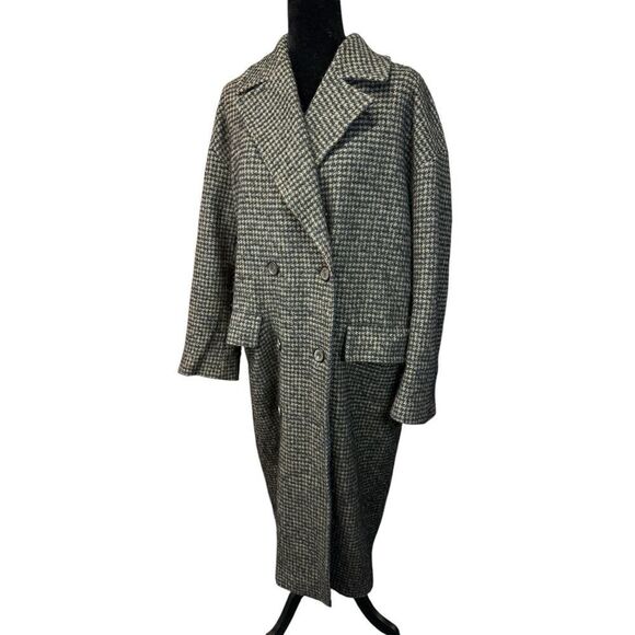 ZARA Houndstooth Wool Blend Long Coat Size L Brown Navy Double Breasted - Picture 6 of 14